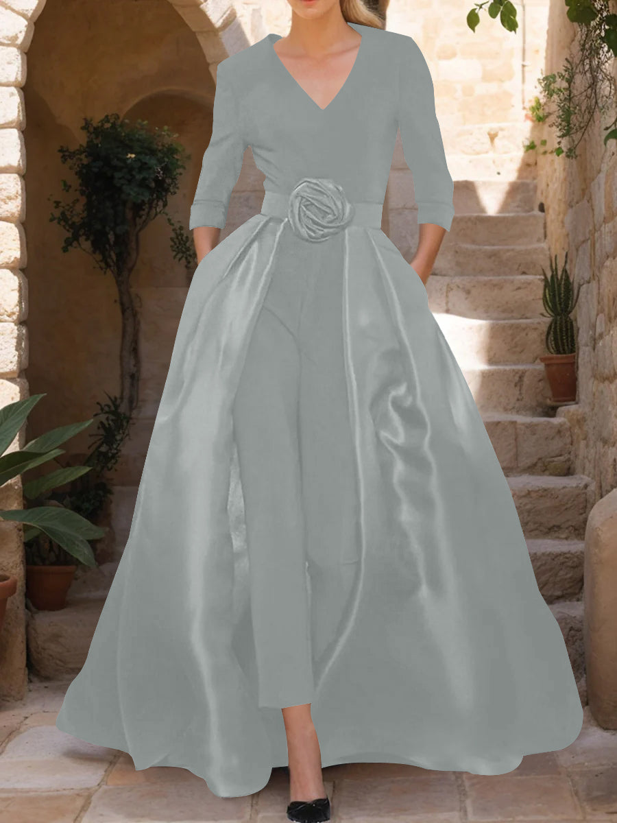 V-Neck 3/4 Sleeves Mother of the Bride Pantsuits with Flower Belt