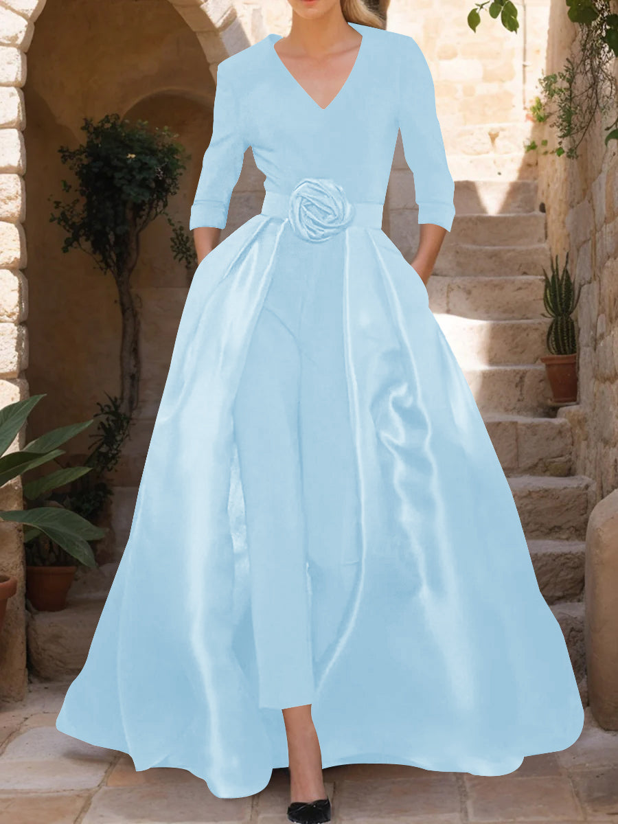 V-Neck 3/4 Sleeves Mother of the Bride Pantsuits with Flower Belt