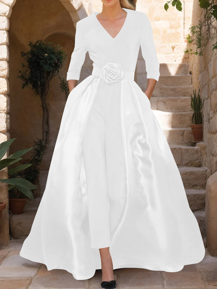 V-Neck 3/4 Sleeves Mother of the Bride Pantsuits with Flower Belt