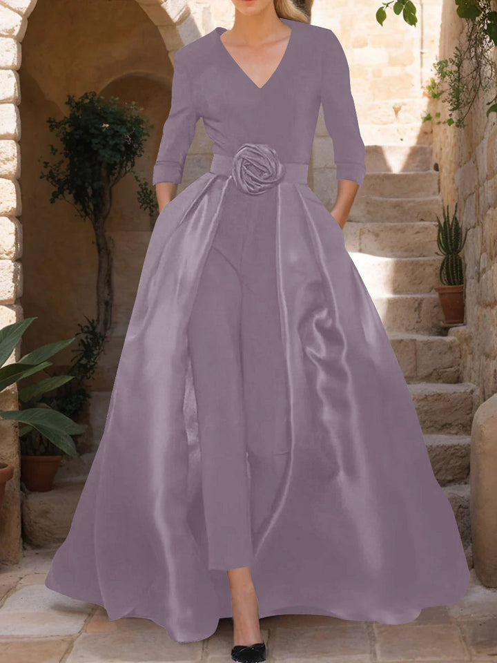 V-Neck 3/4 Sleeves Mother of the Bride Pantsuits with Flower Belt