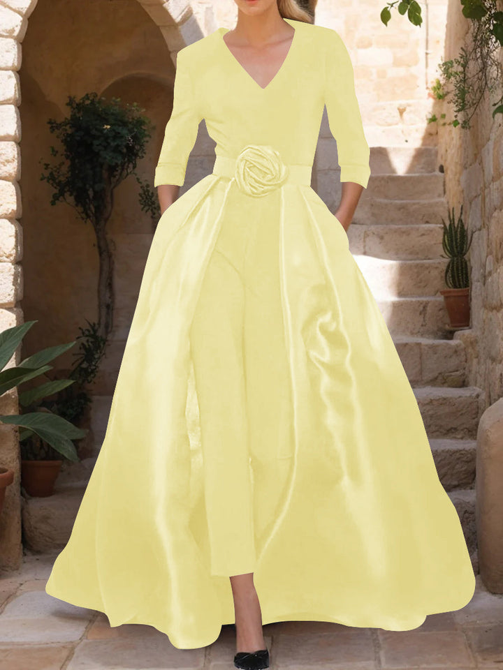 V-Neck 3/4 Sleeves Mother of the Bride Pantsuits with Flower Belt
