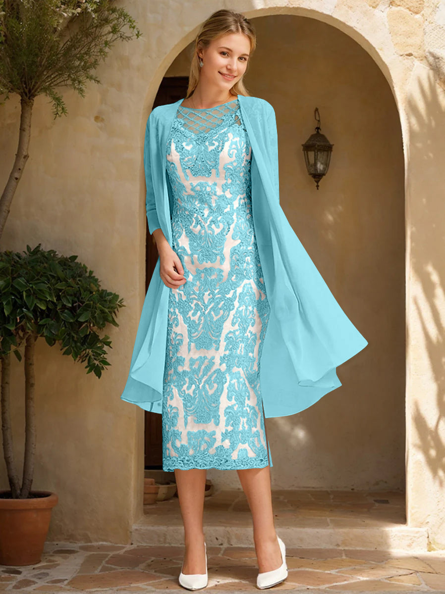 Two Pieces Sheath/Column Jewel Neck Mother of the Bride & Groom Dresses with Lace Appliques & Beadings