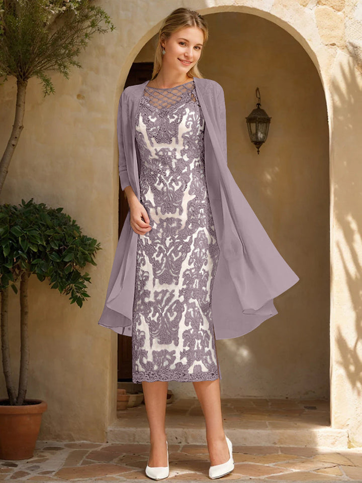 Two Pieces Sheath/Column Jewel Neck Mother of the Bride & Groom Dresses with Lace Appliques & Beadings