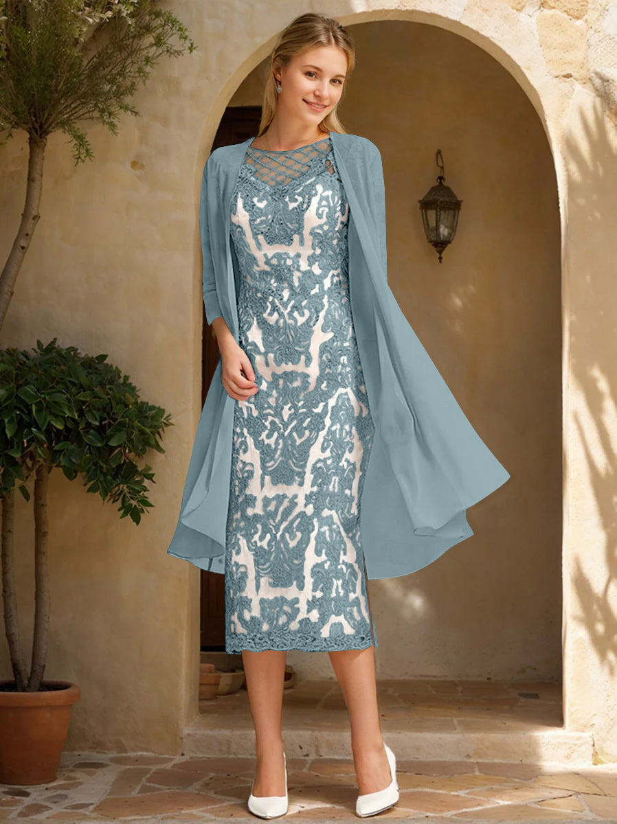 Two Pieces Sheath/Column Jewel Neck Mother of the Bride & Groom Dresses with Lace Appliques & Beadings