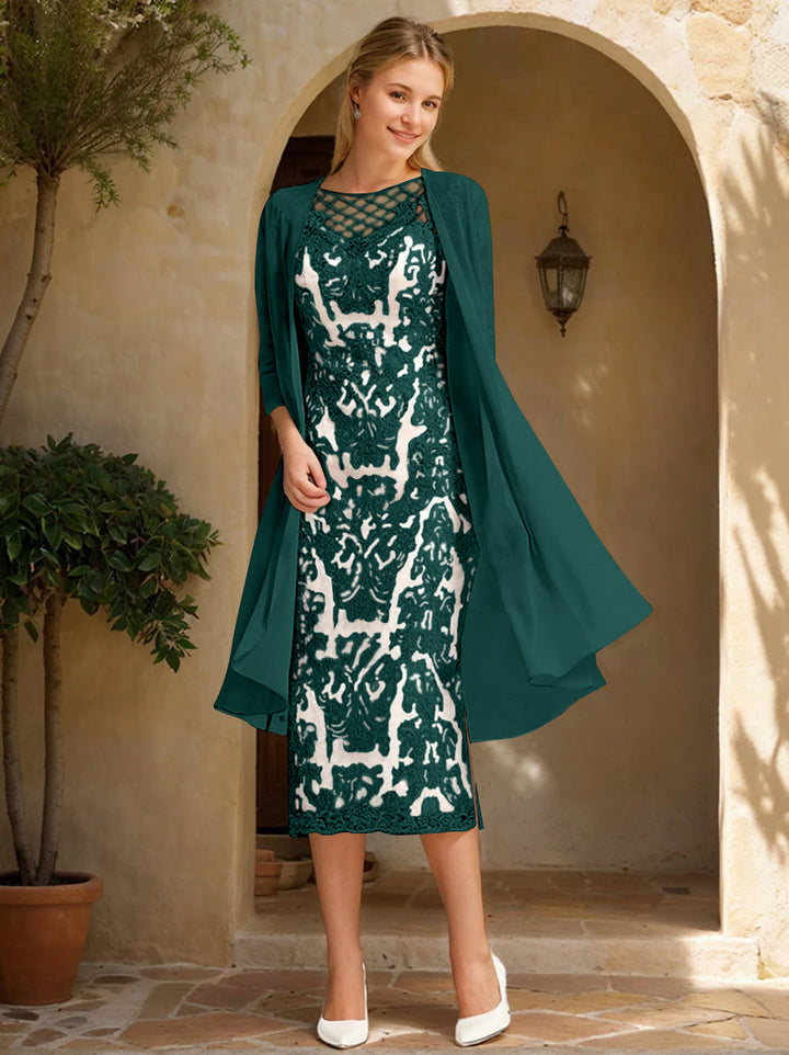 Two Pieces Sheath/Column Jewel Neck Mother of the Bride & Groom Dresses with Lace Appliques & Beadings