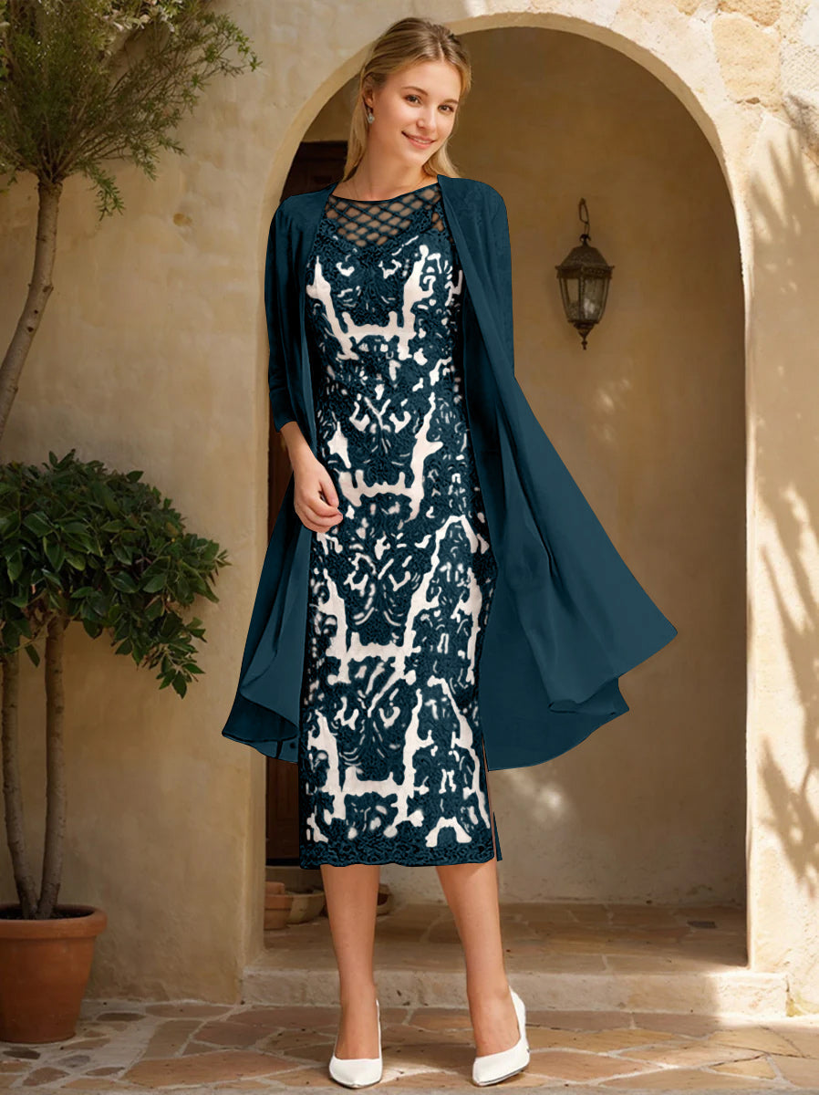 Two Pieces Sheath/Column Jewel Neck Mother of the Bride & Groom Dresses with Lace Appliques & Beadings