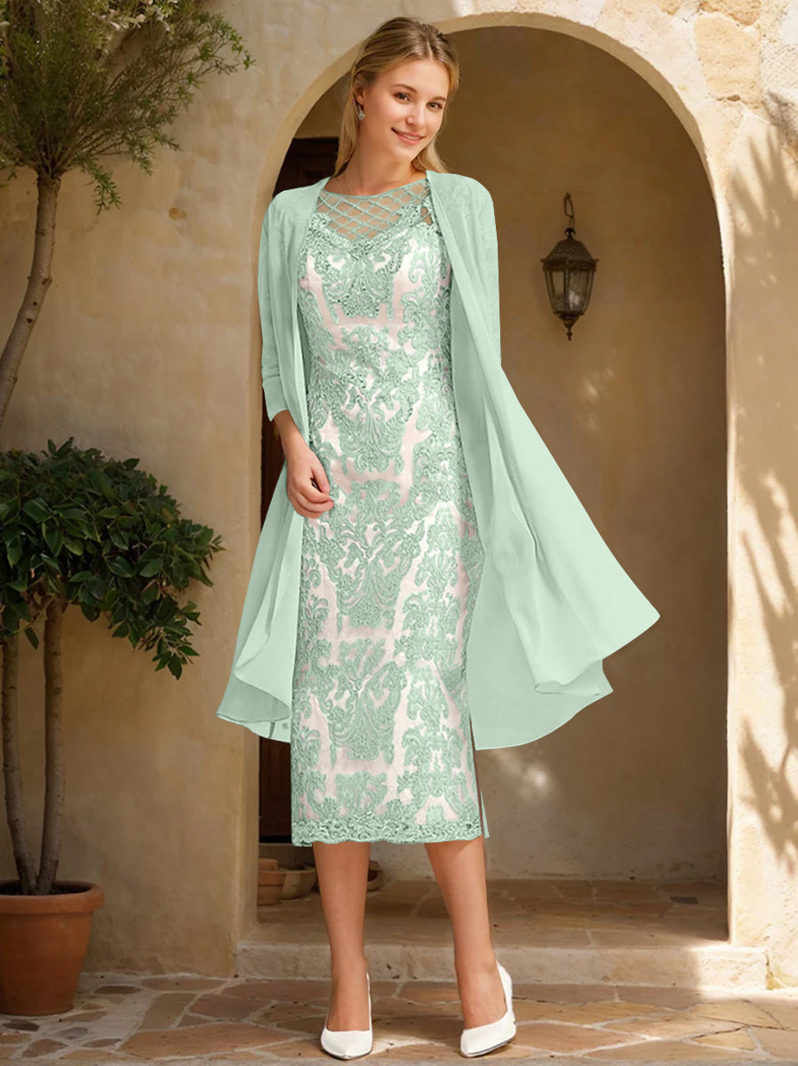 Two Pieces Sheath/Column Jewel Neck Mother of the Bride & Groom Dresses with Lace Appliques & Beadings