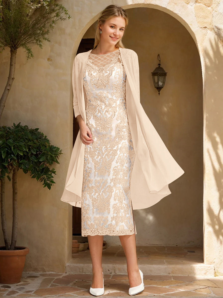 Two Pieces Sheath/Column Jewel Neck Mother of the Bride & Groom Dresses with Lace Appliques & Beadings