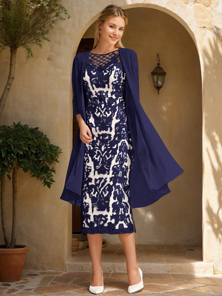 Two Pieces Sheath/Column Jewel Neck Mother of the Bride & Groom Dresses with Lace Appliques & Beadings