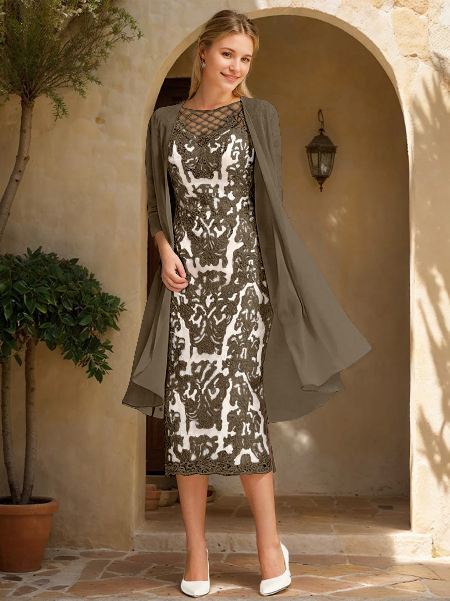 Two Pieces Sheath/Column Jewel Neck Mother of the Bride & Groom Dresses with Lace Appliques & Beadings