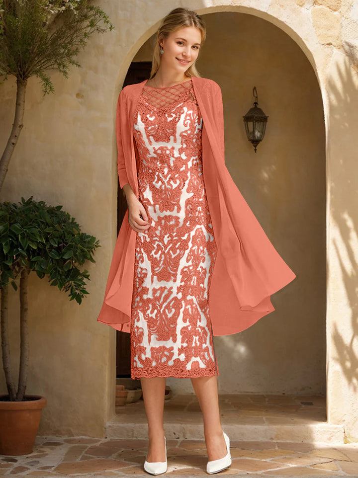 Two Pieces Sheath/Column Jewel Neck Mother of the Bride & Groom Dresses with Lace Appliques & Beadings