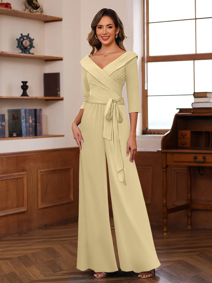 Ruched Chiffon V-Neck 3/4 Sleeves Mother of the Jumpsuit