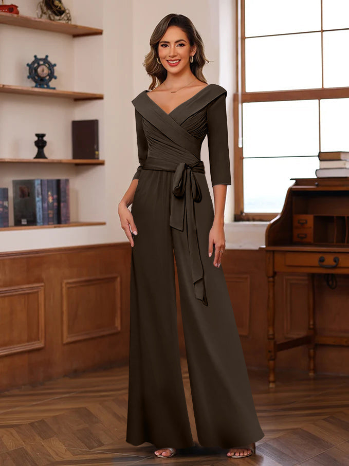 Ruched Chiffon V-Neck 3/4 Sleeves Mother of the Jumpsuit