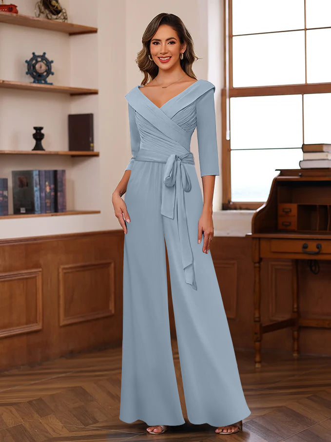 Ruched Chiffon V-Neck 3/4 Sleeves Mother of the Jumpsuit