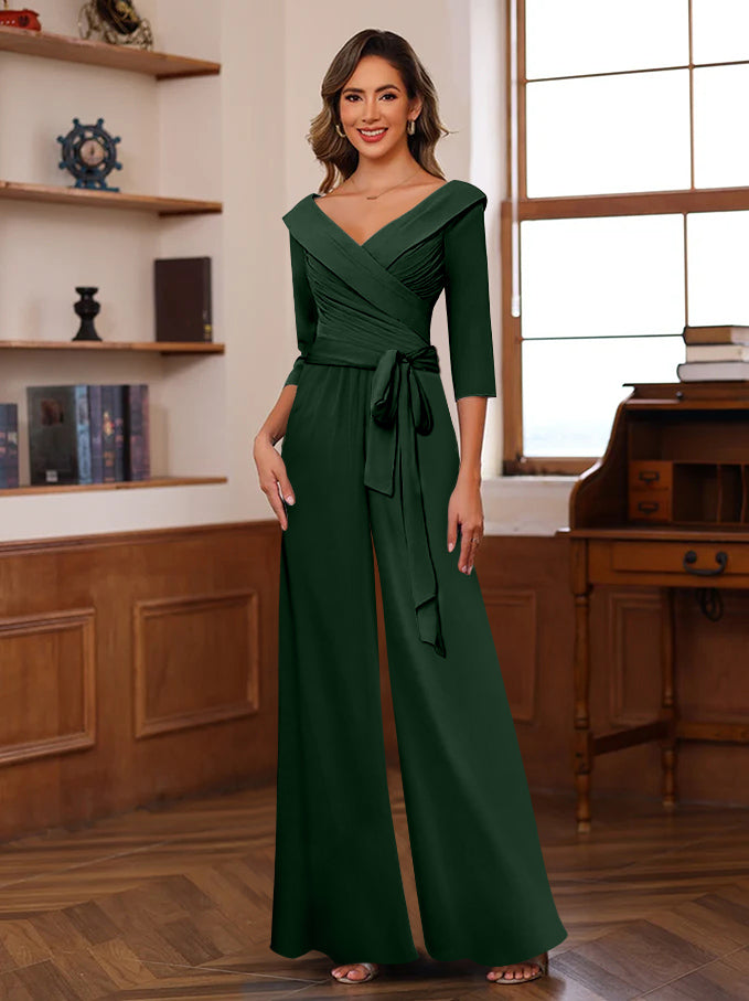Ruched Chiffon V-Neck 3/4 Sleeves Mother of the Jumpsuit