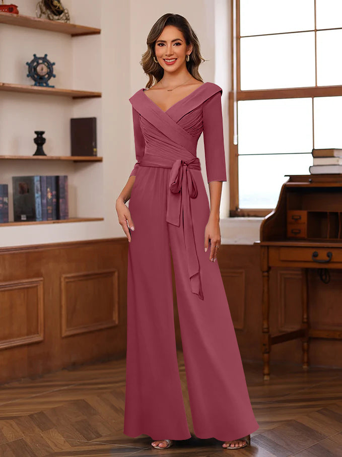 Ruched Chiffon V-Neck 3/4 Sleeves Mother of the Jumpsuit