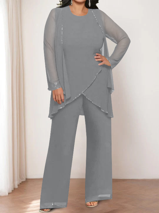 Chiffon Round Neck Mother of the Bride Pantsuits with Jacket