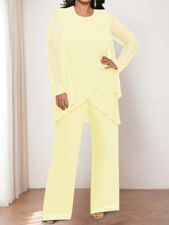 Chiffon Round Neck Mother of the Bride Pantsuits with Jacket
