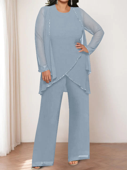 Chiffon Round Neck Mother of the Bride Pantsuits with Jacket