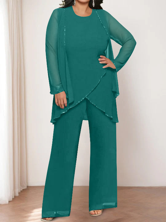 Chiffon Round Neck Mother of the Bride Pantsuits with Jacket
