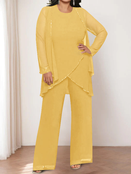Chiffon Round Neck Mother of the Bride Pantsuits with Jacket