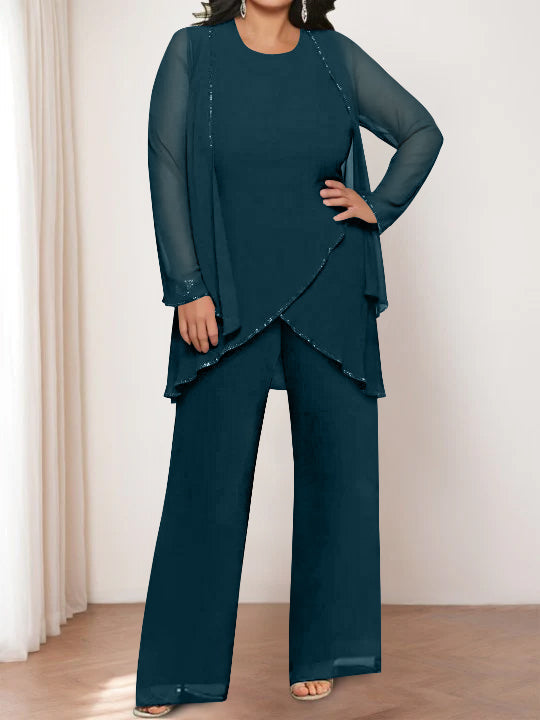 Chiffon Round Neck Mother of the Bride Pantsuits with Jacket