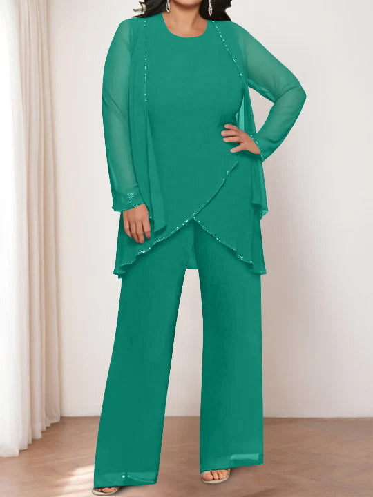 Chiffon Round Neck Mother of the Bride Pantsuits with Jacket