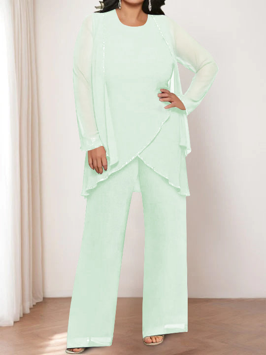 Chiffon Round Neck Mother of the Bride Pantsuits with Jacket
