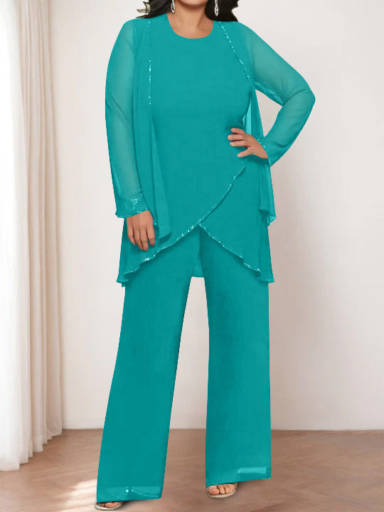 Chiffon Round Neck Mother of the Bride Pantsuits with Jacket