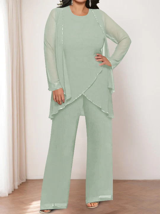 Chiffon Round Neck Mother of the Bride Pantsuits with Jacket