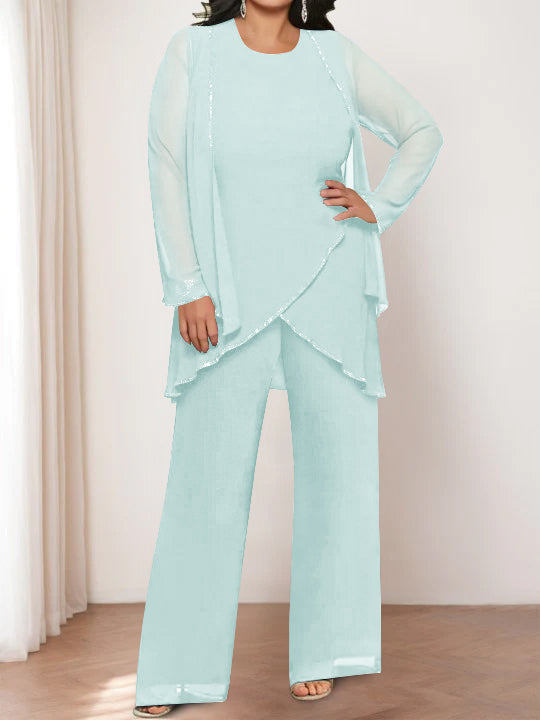 Chiffon Round Neck Mother of the Bride Pantsuits with Jacket