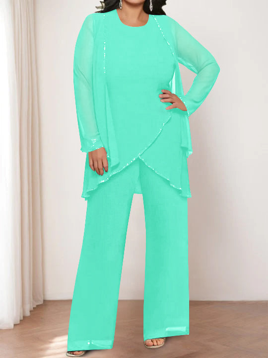 Chiffon Round Neck Mother of the Bride Pantsuits with Jacket