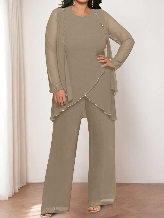 Chiffon Round Neck Mother of the Bride Pantsuits with Jacket