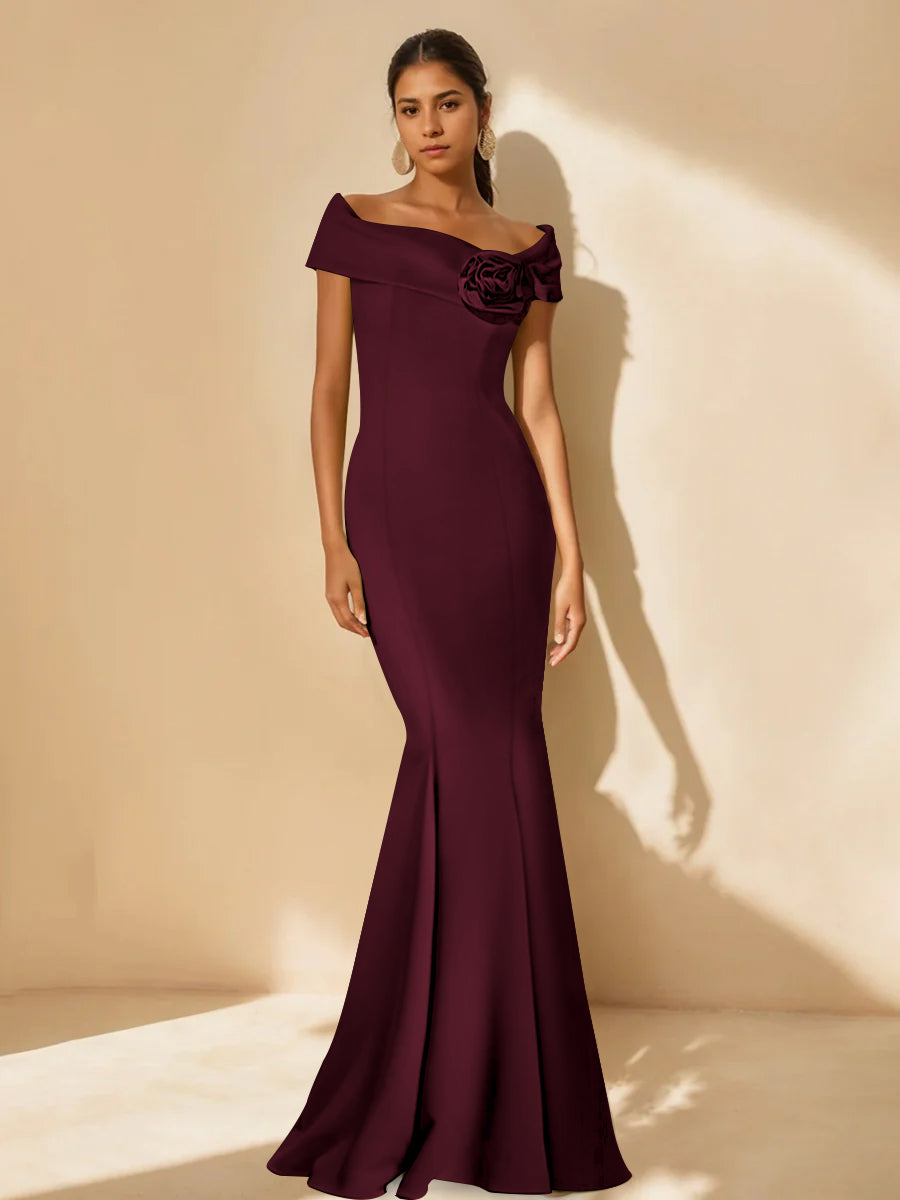 Trumpet/Mermaid Off-the-Shoulder Minimalist Mother of the Bride Dresses with Detachable Flower