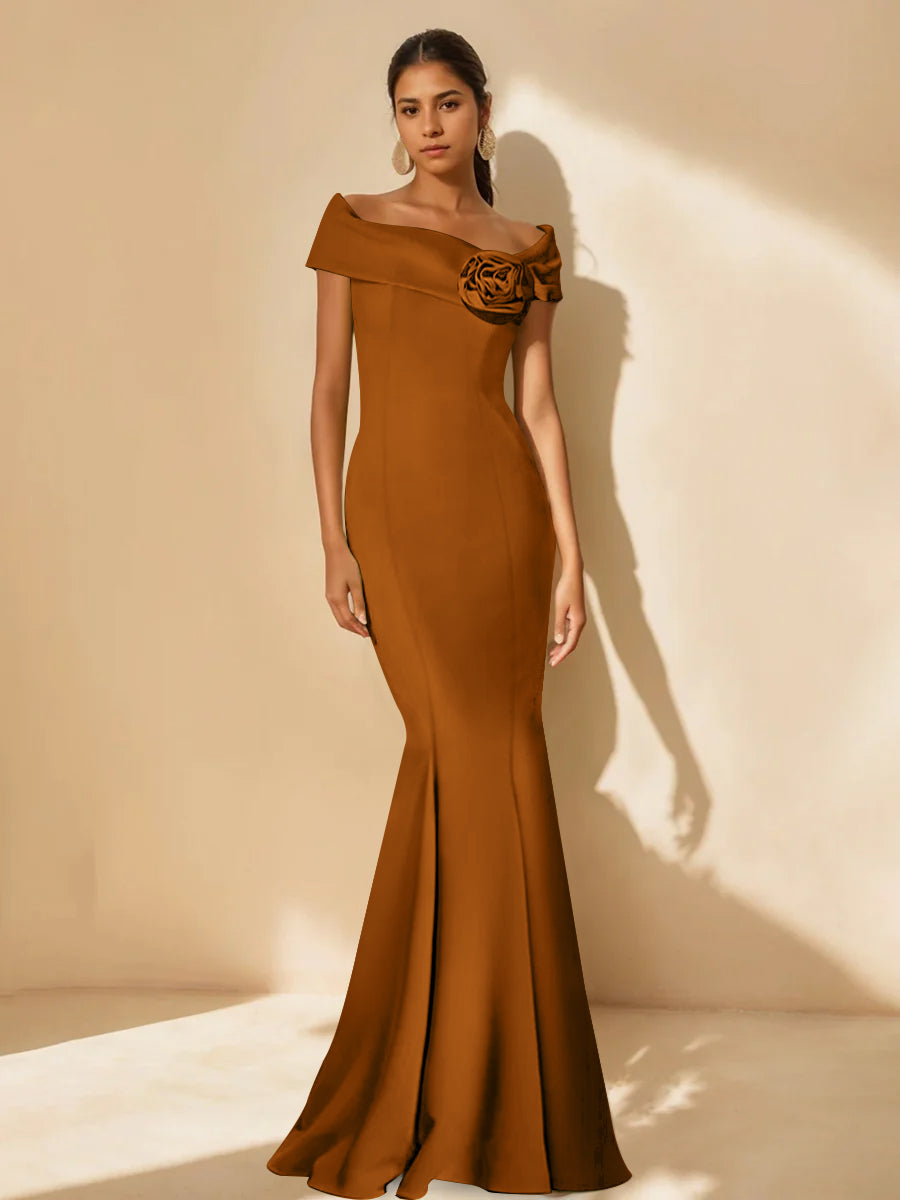 Trumpet/Mermaid Off-the-Shoulder Minimalist Mother of the Bride Dresses with Detachable Flower