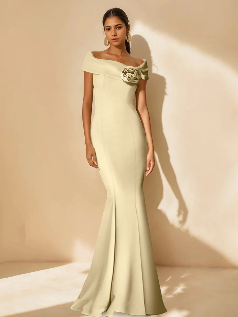 Trumpet/Mermaid Off-the-Shoulder Minimalist Mother of the Bride Dresses with Detachable Flower