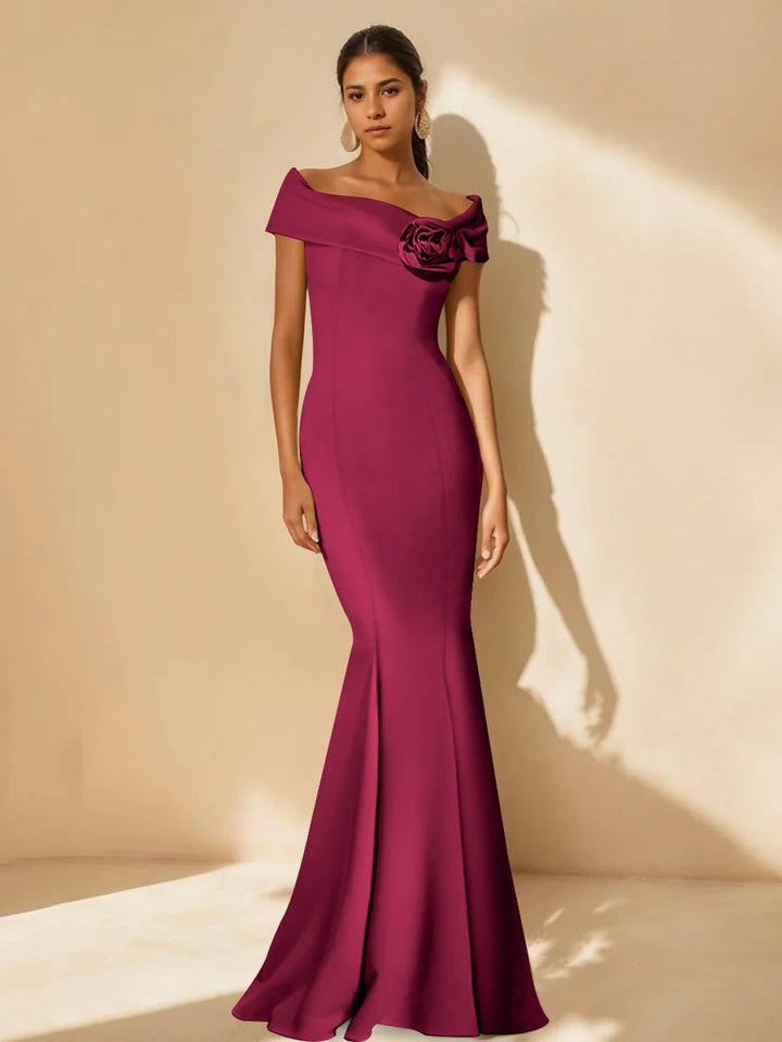 Trumpet/Mermaid Off-the-Shoulder Minimalist Mother of the Bride Dresses with Detachable Flower