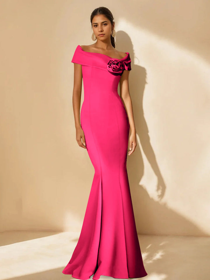 Trumpet/Mermaid Off-the-Shoulder Minimalist Mother of the Bride Dresses with Detachable Flower