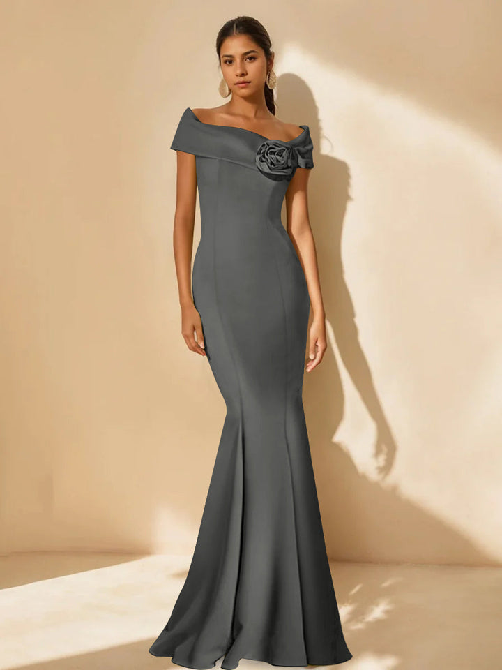 Trumpet/Mermaid Off-the-Shoulder Minimalist Mother of the Bride Dresses with Detachable Flower