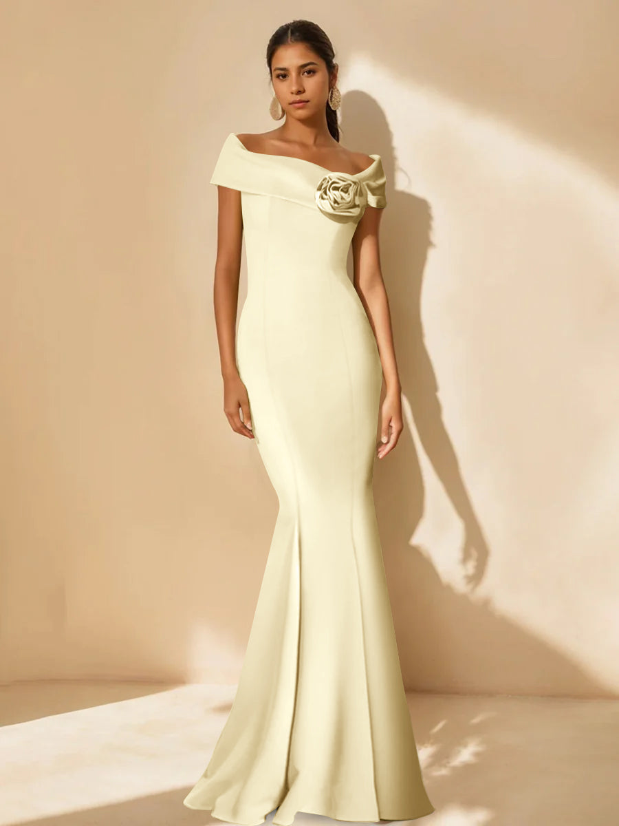 Trumpet/Mermaid Off-the-Shoulder Minimalist Mother of the Bride Dresses with Detachable Flower