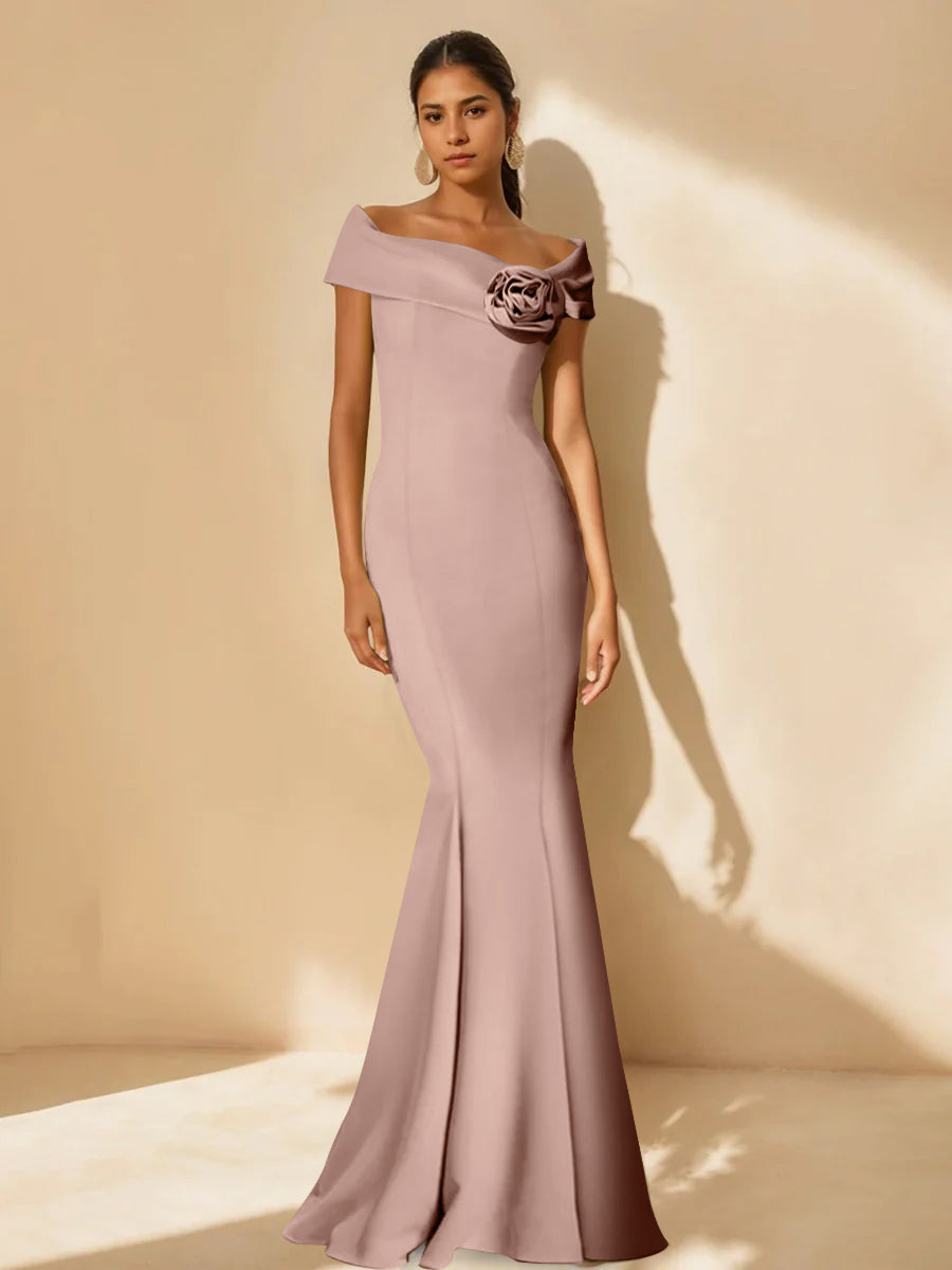 Trumpet/Mermaid Off-the-Shoulder Minimalist Mother of the Bride Dresses with Detachable Flower