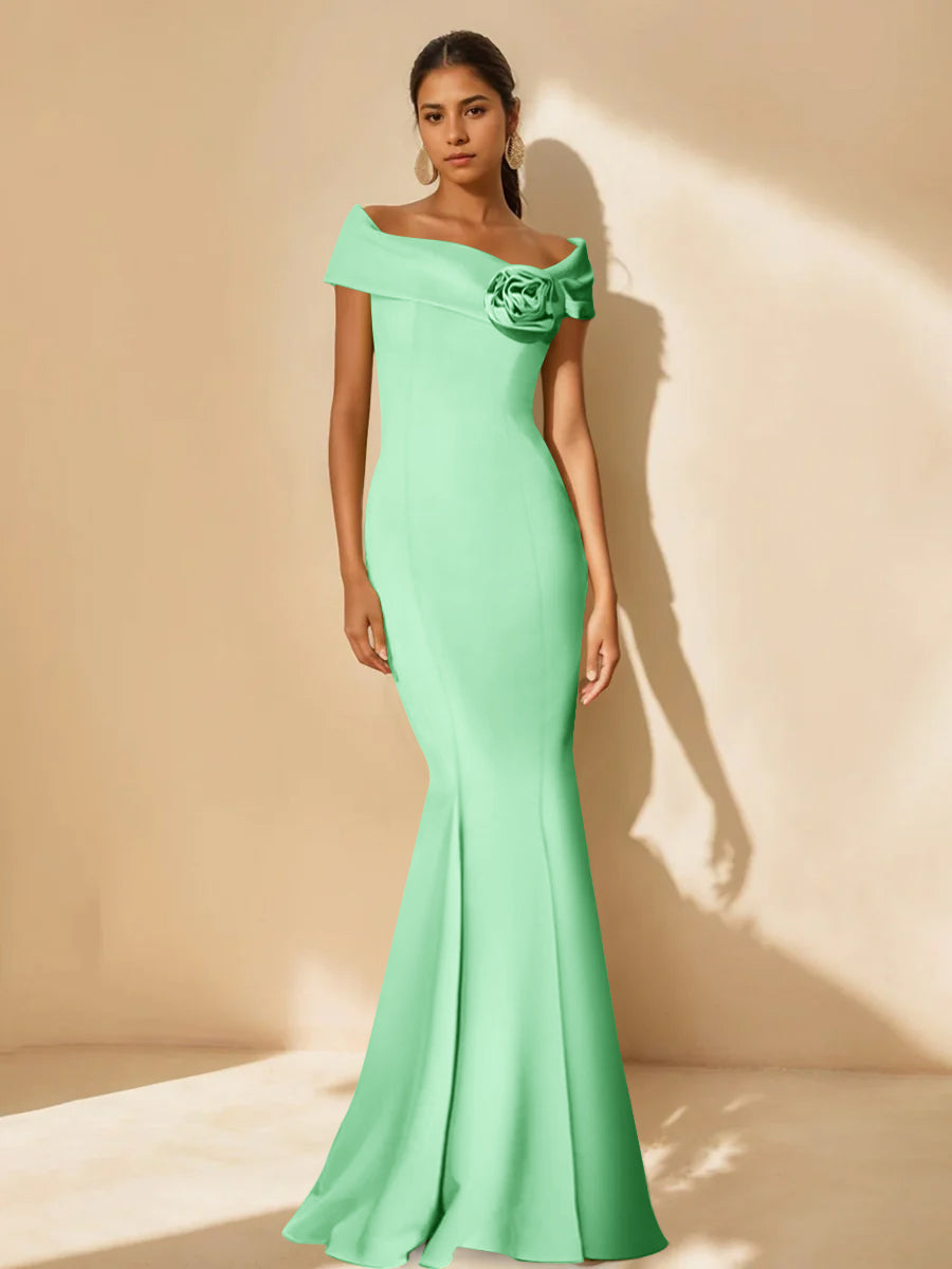 Trumpet/Mermaid Off-the-Shoulder Minimalist Mother of the Bride Dresses with Detachable Flower