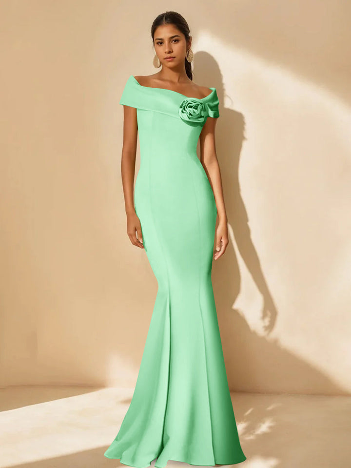 Trumpet/Mermaid Off-the-Shoulder Minimalist Mother of the Bride Dresses with Detachable Flower