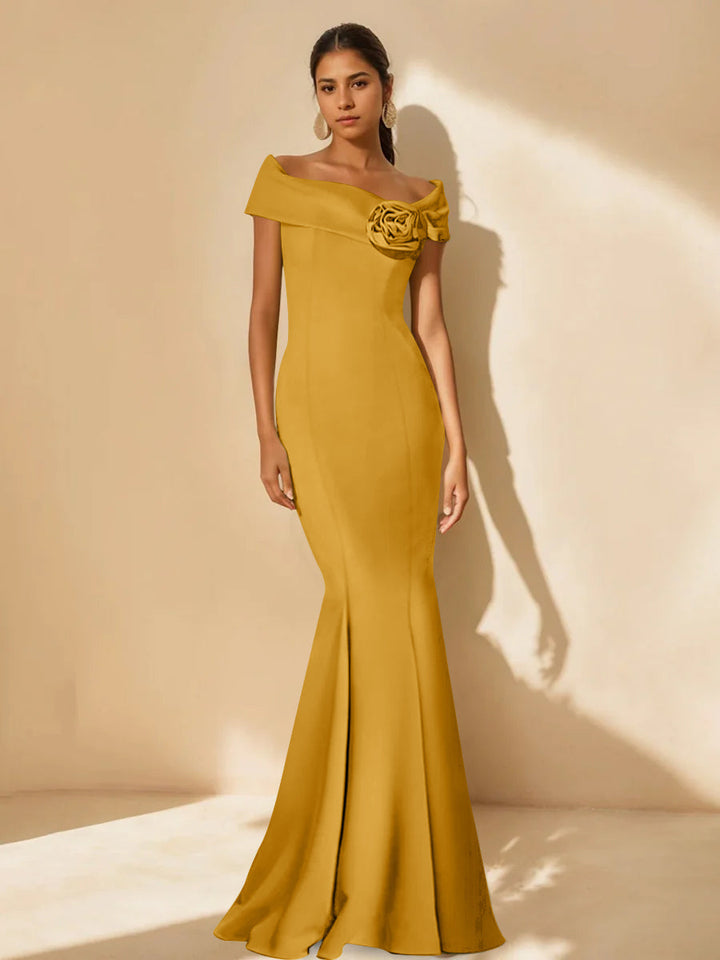 Trumpet/Mermaid Off-the-Shoulder Minimalist Mother of the Bride Dresses with Detachable Flower