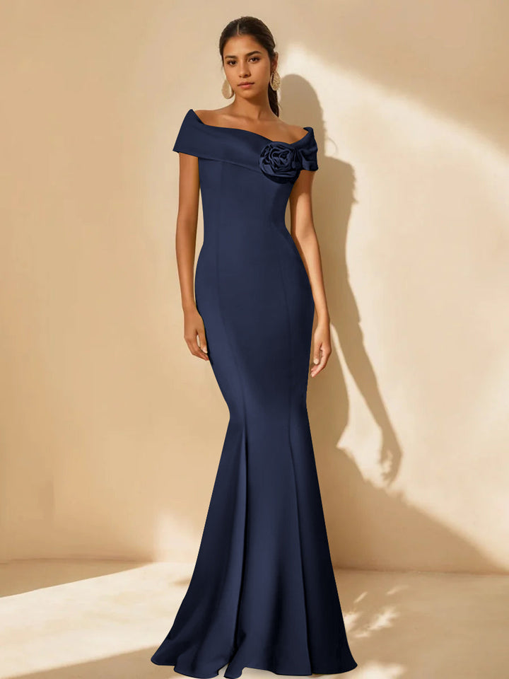 Trumpet/Mermaid Off-the-Shoulder Minimalist Mother of the Bride Dresses with Detachable Flower