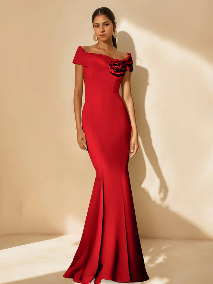 Trumpet/Mermaid Off-the-Shoulder Minimalist Mother of the Bride Dresses with Detachable Flower