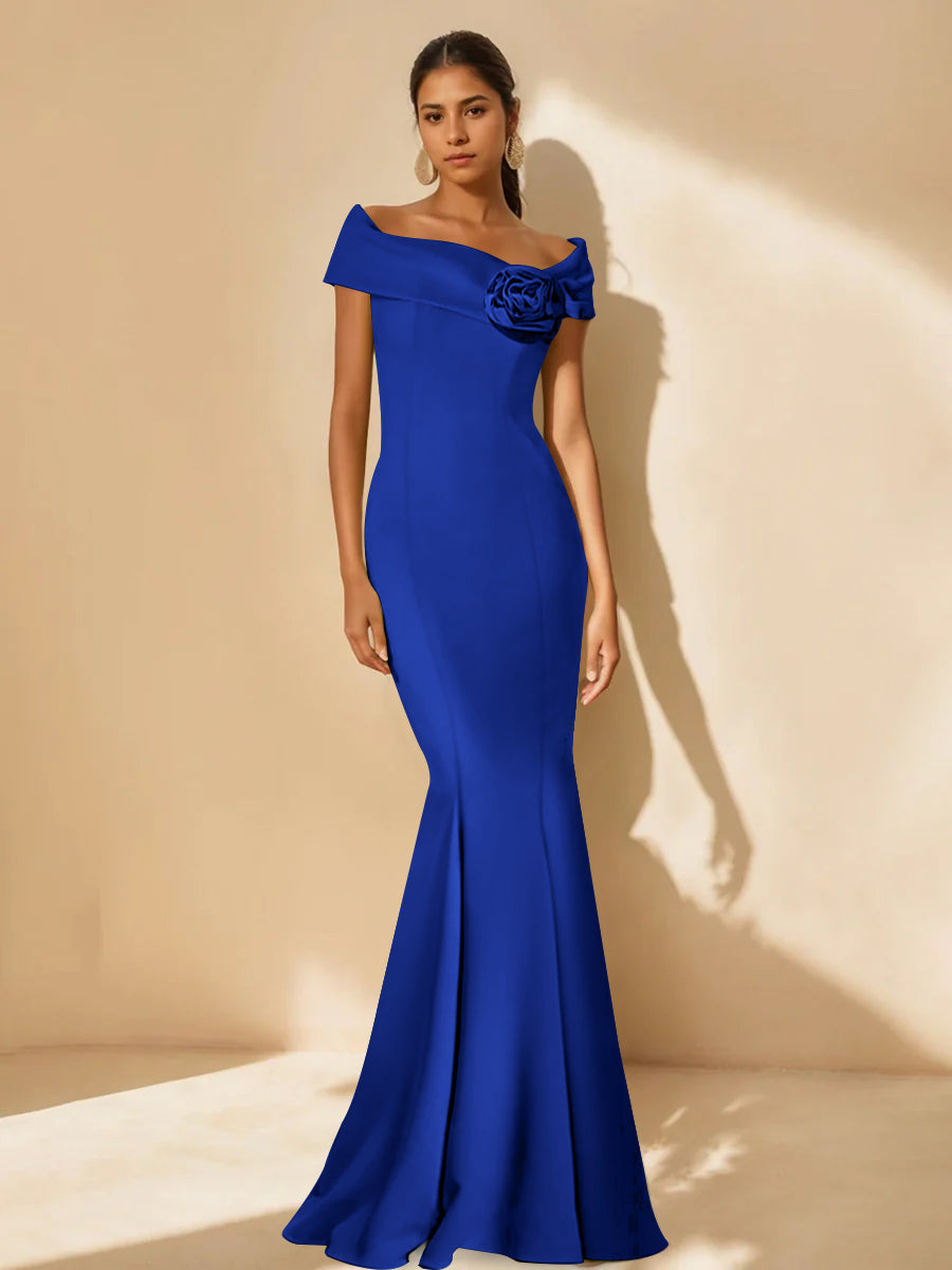 Trumpet/Mermaid Off-the-Shoulder Minimalist Mother of the Bride Dresses with Detachable Flower