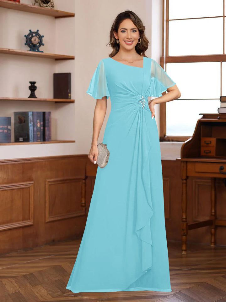A-Line/Princess V-Neck Short Sleeves Chiffon Mother of the Bride & Groom Dresses with Appliques & Ruffles