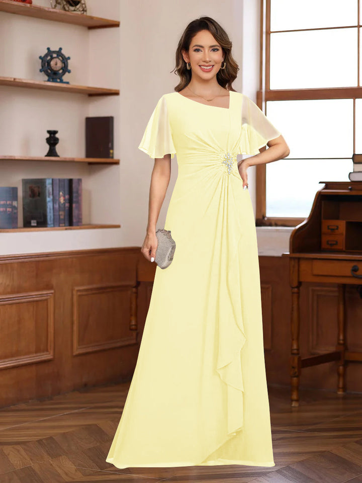 A-Line/Princess V-Neck Short Sleeves Chiffon Mother of the Bride & Groom Dresses with Appliques & Ruffles