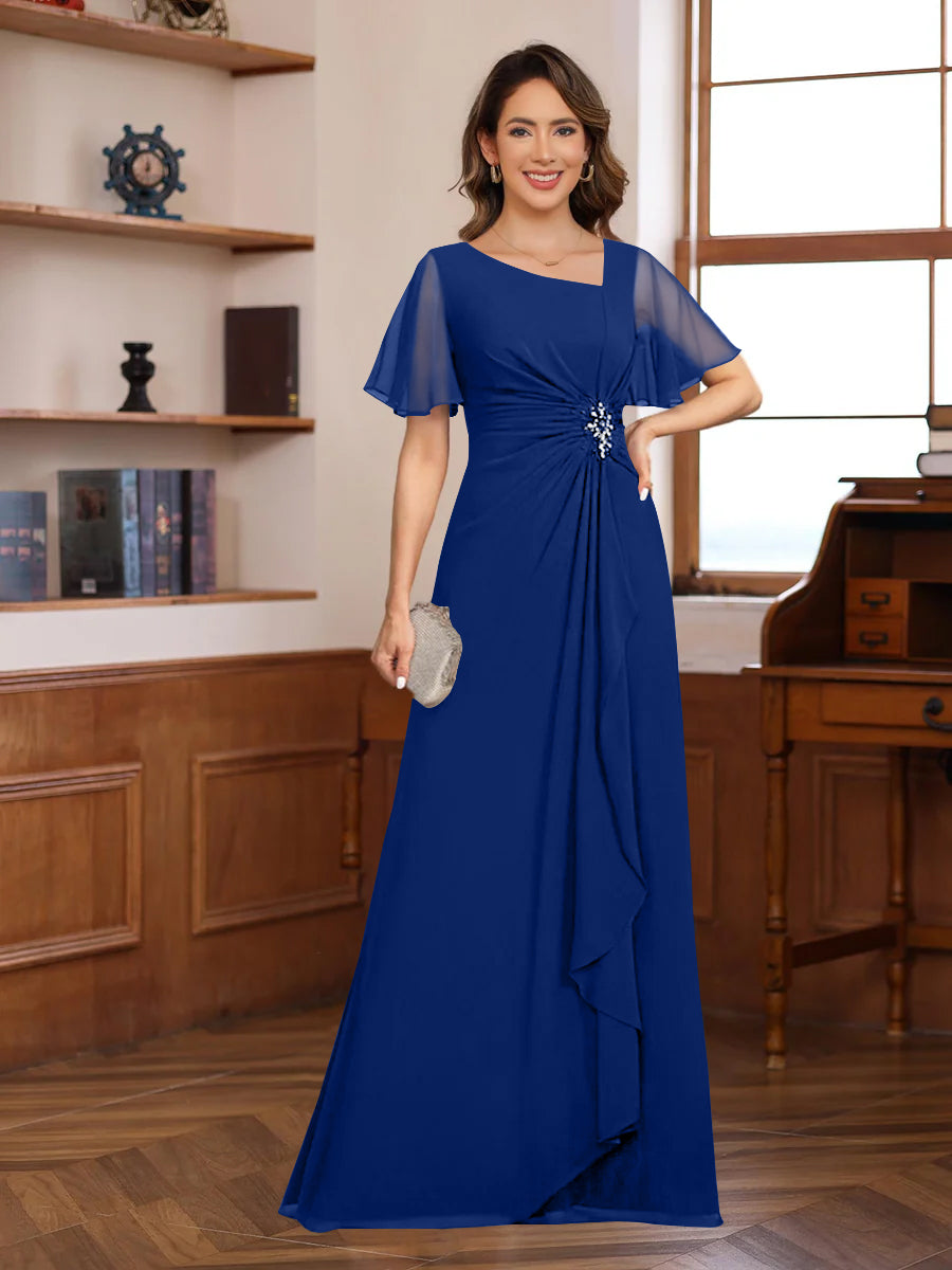 A-Line/Princess V-Neck Short Sleeves Chiffon Mother of the Bride & Groom Dresses with Appliques & Ruffles
